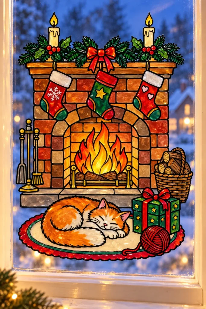 Katze vor dem Kamin als Fensterbild am Winterfenster: orange getigerte Katze schläft vor rotem Backsteinkamin mit leuchtendem Feuer