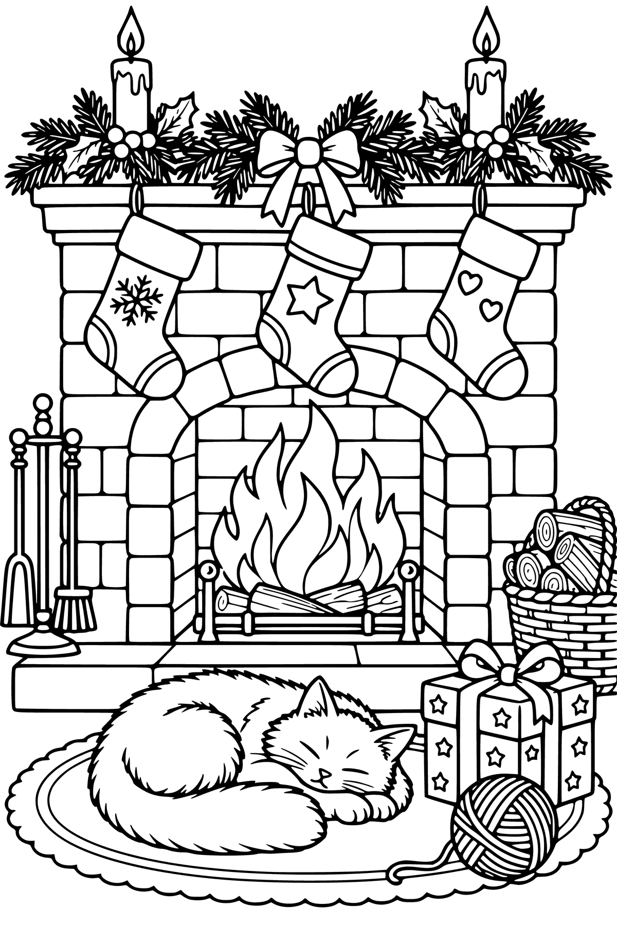 Fensterbild-Vorlage Katze vor dem Kamin: gemauerter Kamin mit Feuer, drei Weihnachtsstrümpfe, Tannengirlande mit Kerzen, schlafende Katze auf rundem Teppich, Geschenk und Wollknäuel als Ausmalbild