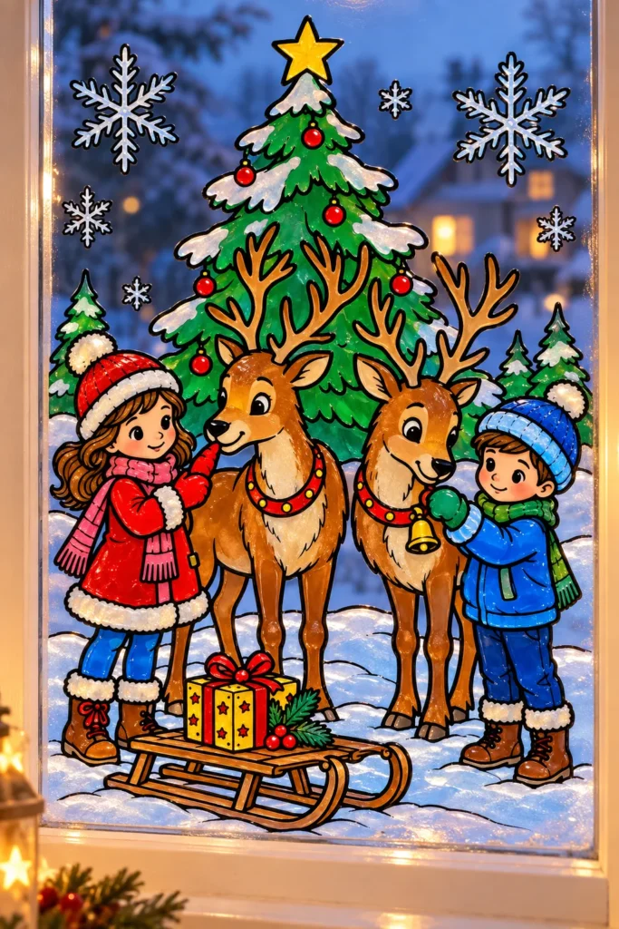 Rentiere und Kinder als Fensterbild am Winterfenster: Mädchen in roter Jacke und Junge in blauer Jacke mit zwei braunen Rentieren vor grünem Tannenbaum