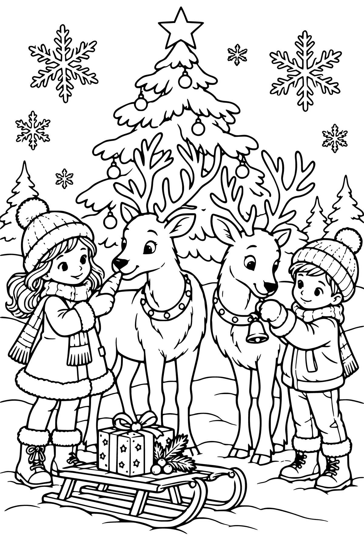 Fensterbild-Vorlage Rentiere und Kinder: Mädchen füttert ein Rentier mit einer Möhre, Junge hängt dem zweiten Rentier eine Glocke um, Schlitten mit Geschenk, Tannenbaum als Ausmalbild
