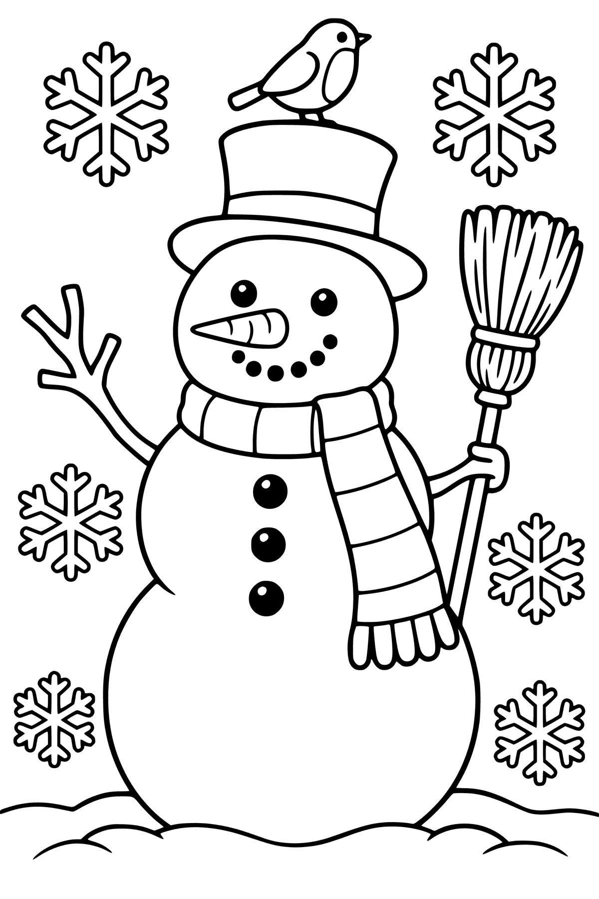 Fensterbild-Vorlage Schneemann: großer Schneemann mit Zylinder, Streifenschal, Besen und Rotkehlchen auf dem Hut, sechs Schneeflocken, als einfaches Ausmalbild