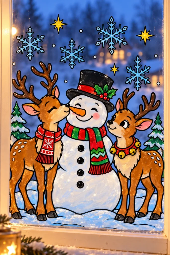 Schneemann und Rentiere als Fensterbild am Winterfenster: zwei braune Rentiere schmiegen sich an einen Schneemann mit schwarzem Zylinder
