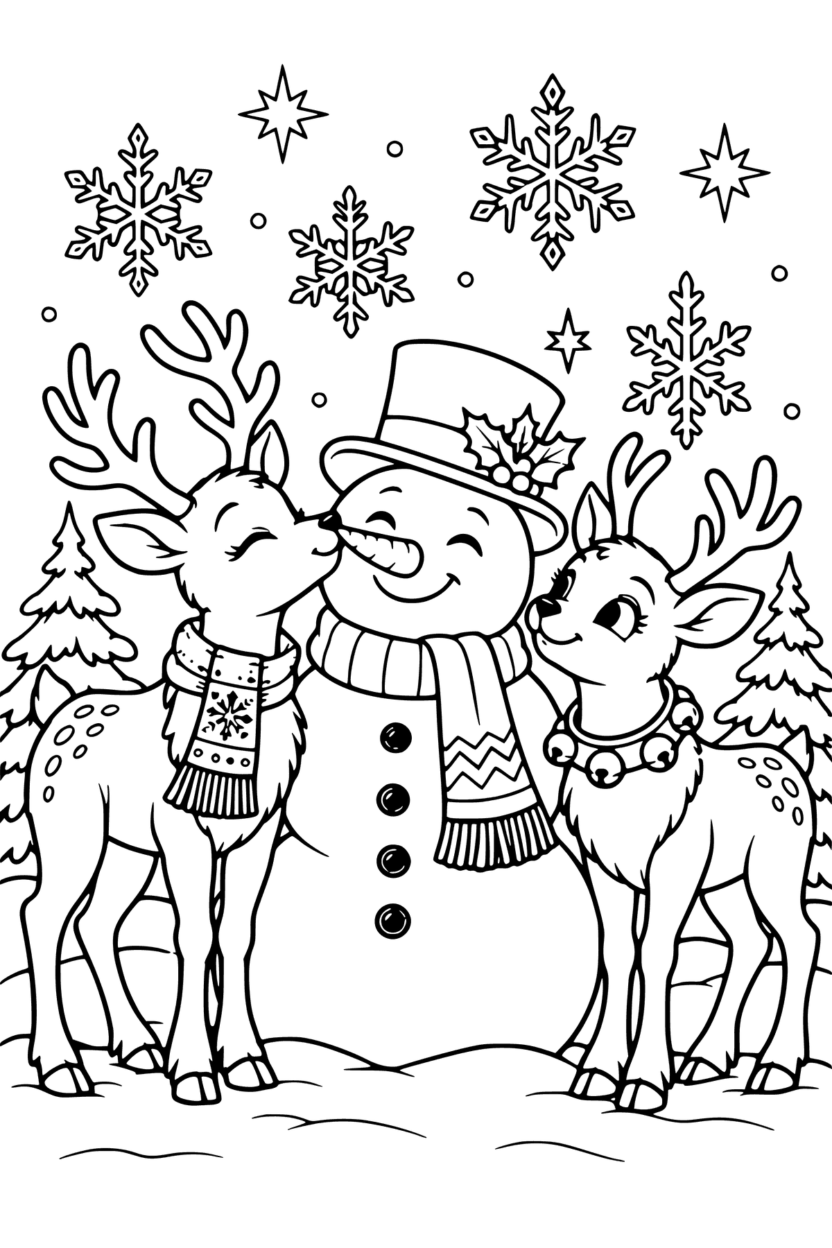 Fensterbild-Vorlage Schneemann und Rentiere: Schneemann mit Zylinder und Schal zwischen zwei Rentieren mit Schal und Schellenhalsband, Tannen und Schneeflocken als Ausmalbild