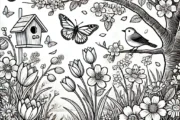 Blumen mit Vögel und Schmetterlinge