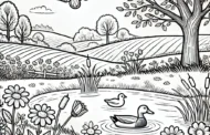 Eine Ente in einem Teich - Blumen - Hase