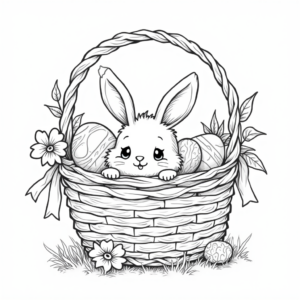 Niedlicher Osterhase sitzt in einem Osterkorb voller Eier – liebevoll gezeichnetes Ausmalbild für Kinder, perfekt als Fensterbild oder Deko zum Ausmalen, kostenlos als PNG.