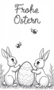 Zwei Hasen mit einem großen Osterei und dem Schriftzug „Frohe Ostern“ – liebevoll gestaltetes Ausmalbild im PNG-Format zum kostenlosen Download für Kinder.
