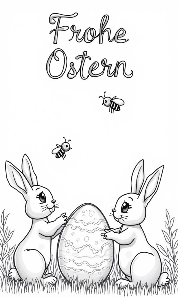 Ausmalbild „Frohe Ostern“ mit zwei Hasen & Osterei