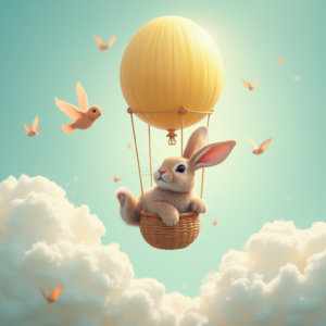 Wunderschönes, fertig koloriertes Osterbild mit einem süßen Hasen im Heißluftballon zwischen Wolken und Vögeln – ideal als buntes Fensterbild zum Ausdrucken im Frühling.