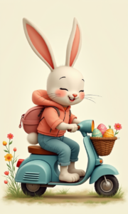 Fröhlicher Osterhase fährt auf einem Roller mit einem Korb voller bunter Ostereier – liebevoll koloriertes PNG-Fensterbild für Kinder und Osterdeko.