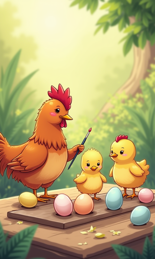 Henne malt Ostereier mit Küken