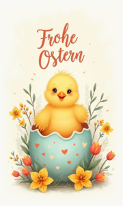 Farbenfrohes Osterbild mit süßem Küken im dekorierten Ei, umgeben von Frühlingsblumen – mit dem Schriftzug „Frohe Ostern“, als kostenlose PNG-Datei zum Ausdrucken.