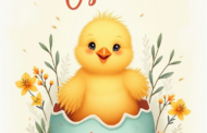 Küken im Ei mit „Frohe Ostern“