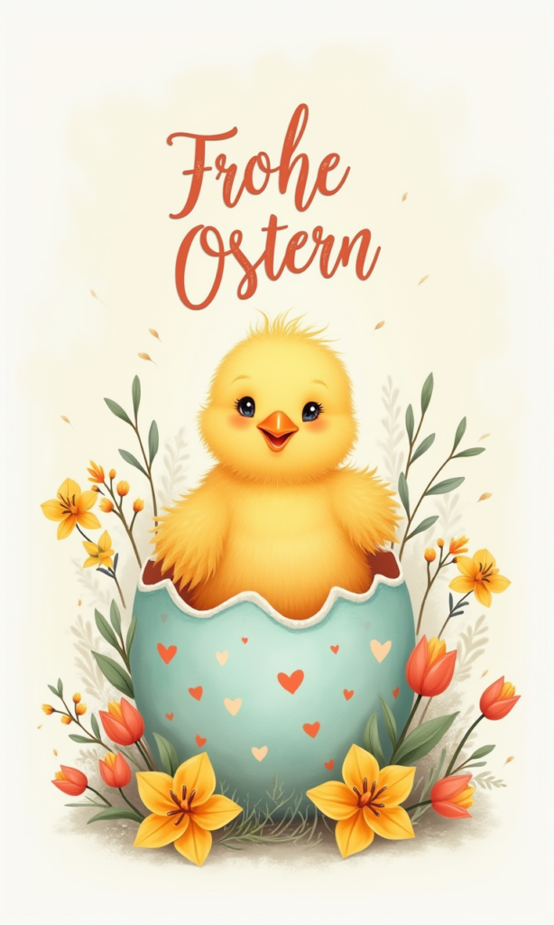 Farbenfrohes Osterbild mit süßem Küken im dekorierten Ei, umgeben von Frühlingsblumen – mit dem Schriftzug „Frohe Ostern“, als kostenlose PNG-Datei zum Ausdrucken.