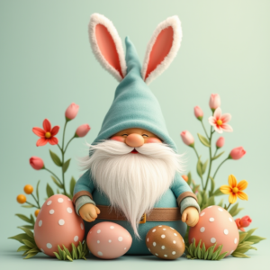 Fröhlicher Osterwichtel mit Hasenmütze, umgeben von bunten Ostereiern und Blumen – fertig koloriertes Osterbild im PNG-Format für den kostenlosen Download und Fensterspaß.