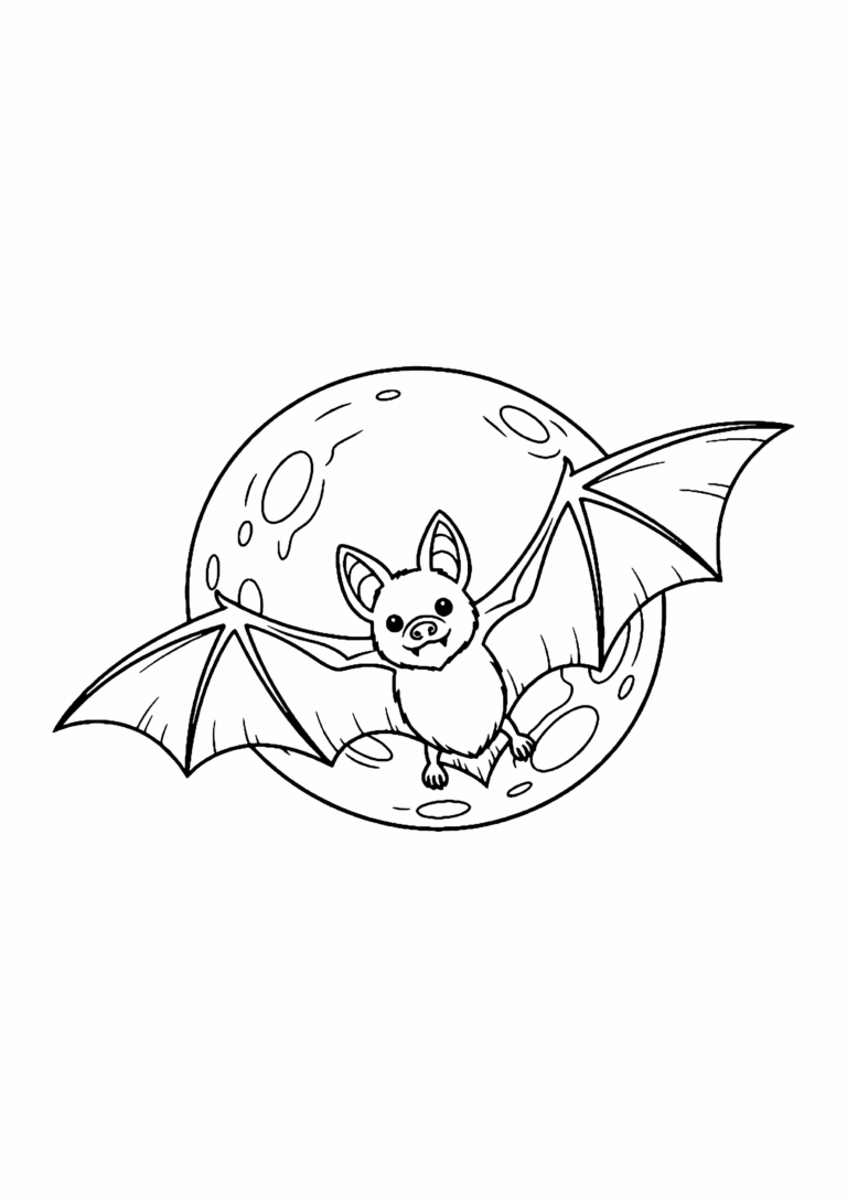 Fensterbild-Vorlage Fledermaus mit Mond: kleine Fledermaus mit weit ausgebreiteten Flügeln vor einem großen Vollmond mit Kratern, als Ausmalbild