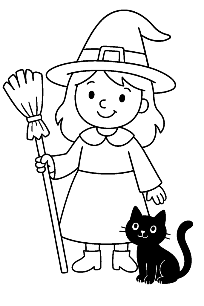 Hexe mit Besen und schwarzer Katze