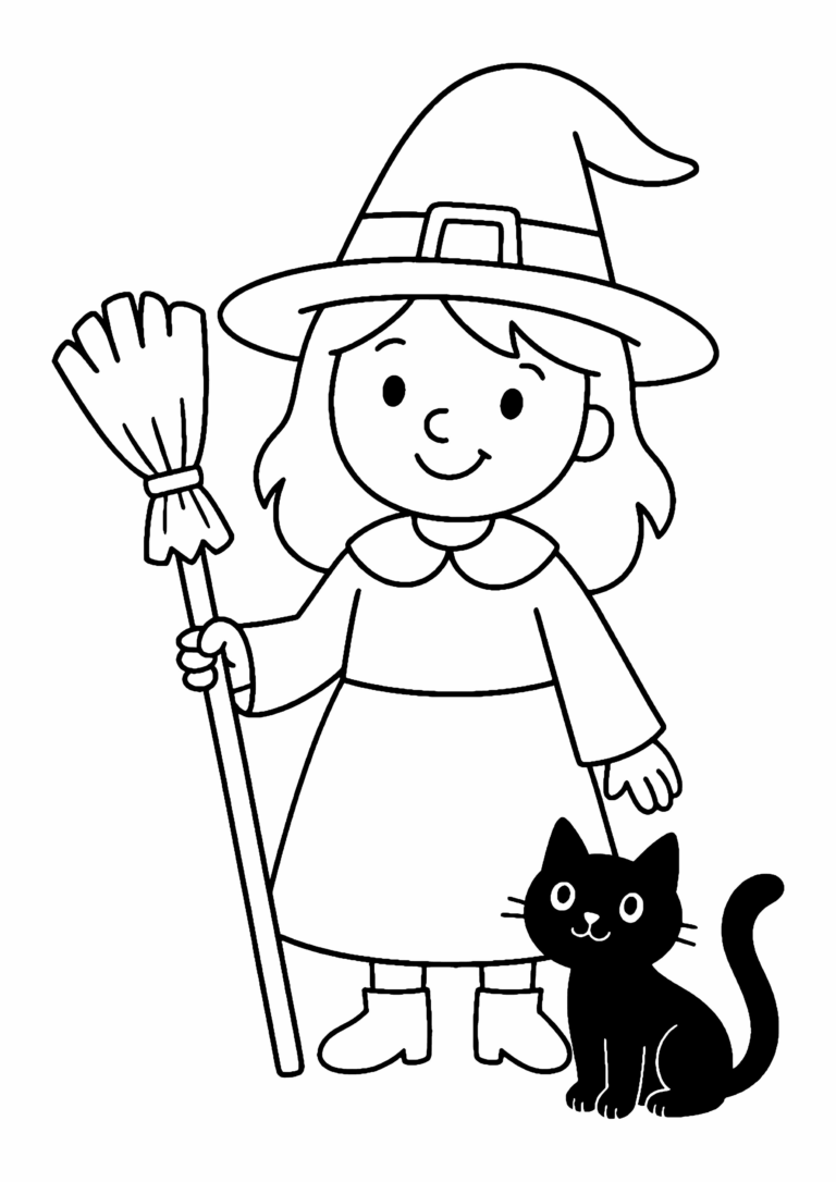 Fensterbild-Vorlage Hexe mit Besen: freundliches Hexenmädchen mit Hexenhut und Reisigbesen, neben ihr sitzt eine schwarze Katze, als Ausmalbild