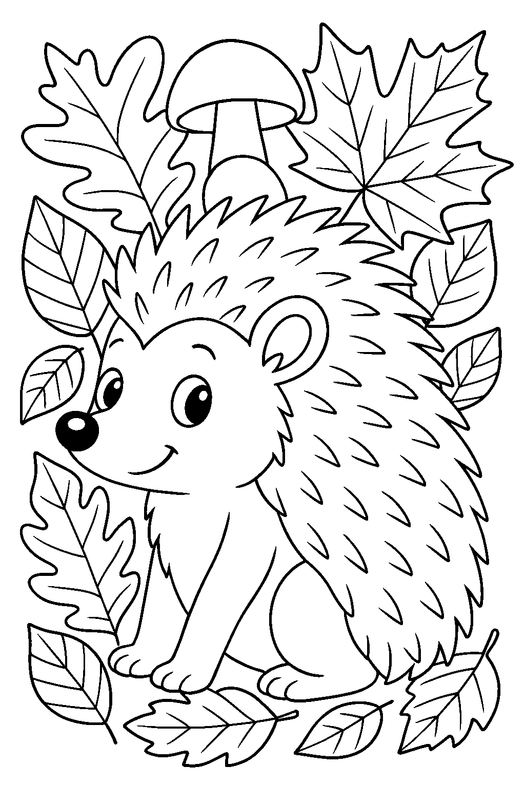 Igel Fensterbild Vorlage - Ausmalbild mit Pilzen und Herbstblaettern