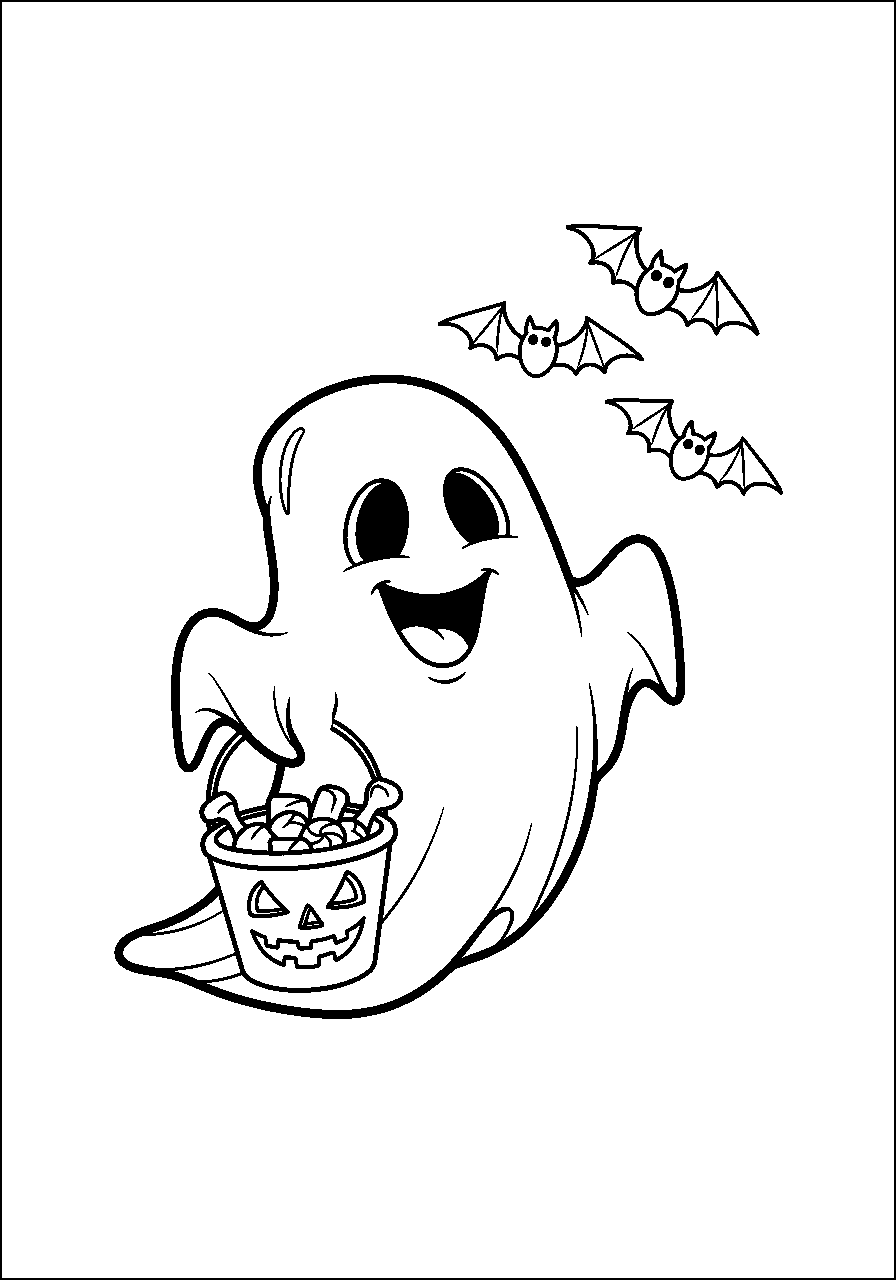 Halloween Geist Fensterbild Vorlage - Ausmalbild mit Suessigkeiten und Fledermaeuse