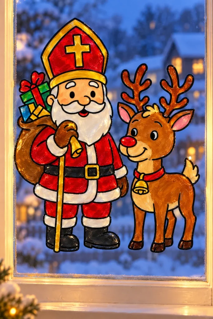 Nikolaus mit Rentier als Fensterbild am Winterfenster: Nikolaus mit roter Mitra, Geschenkesack und Stab, daneben ein braunes Rentier mit Glocke