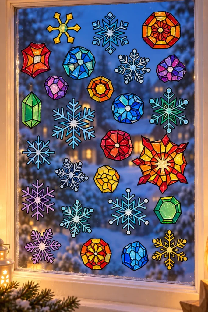 Schneeflocken und Eiskristalle als Fensterbild am Winterfenster: über zwanzig bunte Kristalle und blaue Flocken über die Scheibe verteilt
