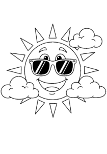 Sonne Fensterbild Vorlage - Ausmalbild lachende Sonne mit Sonnenbrille und Wolken