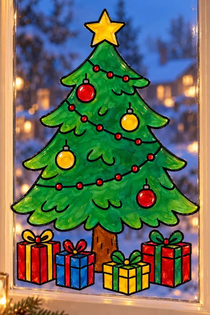 Tannenbaum als Fensterbild am Winterfenster: grüner Baum mit gelbem Stern, roten und gelben Kugeln und bunten Geschenken