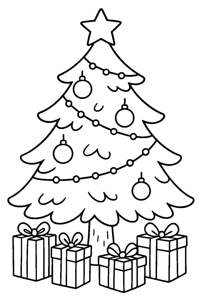 Tannenbaum Fensterbild Vorlage - Ausmalbild geschmueckter Weihnachtsbaum mit Stern