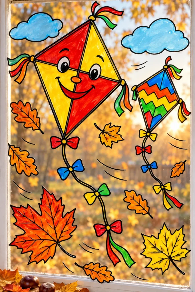 Drachen als Fensterbild am Herbstfenster: gelb-roter Drache mit Gesicht und bunter Zickzackdrache vor goldenem Herbstlaub
