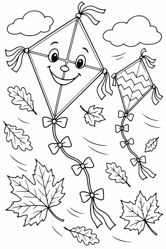 Fensterbild-Vorlage Drachen im Herbst: großer Rautendrache mit lachendem Gesicht und kleiner Drache mit Zickzackmuster, beide mit Schleifenschwanz, dazu Eichen- und Ahornblätter und Wolken, als Ausmalbild