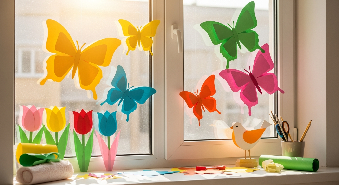 Fensterbilder Fruehling - bunte Schmetterlinge, Tulpen und Voegel am Fenster