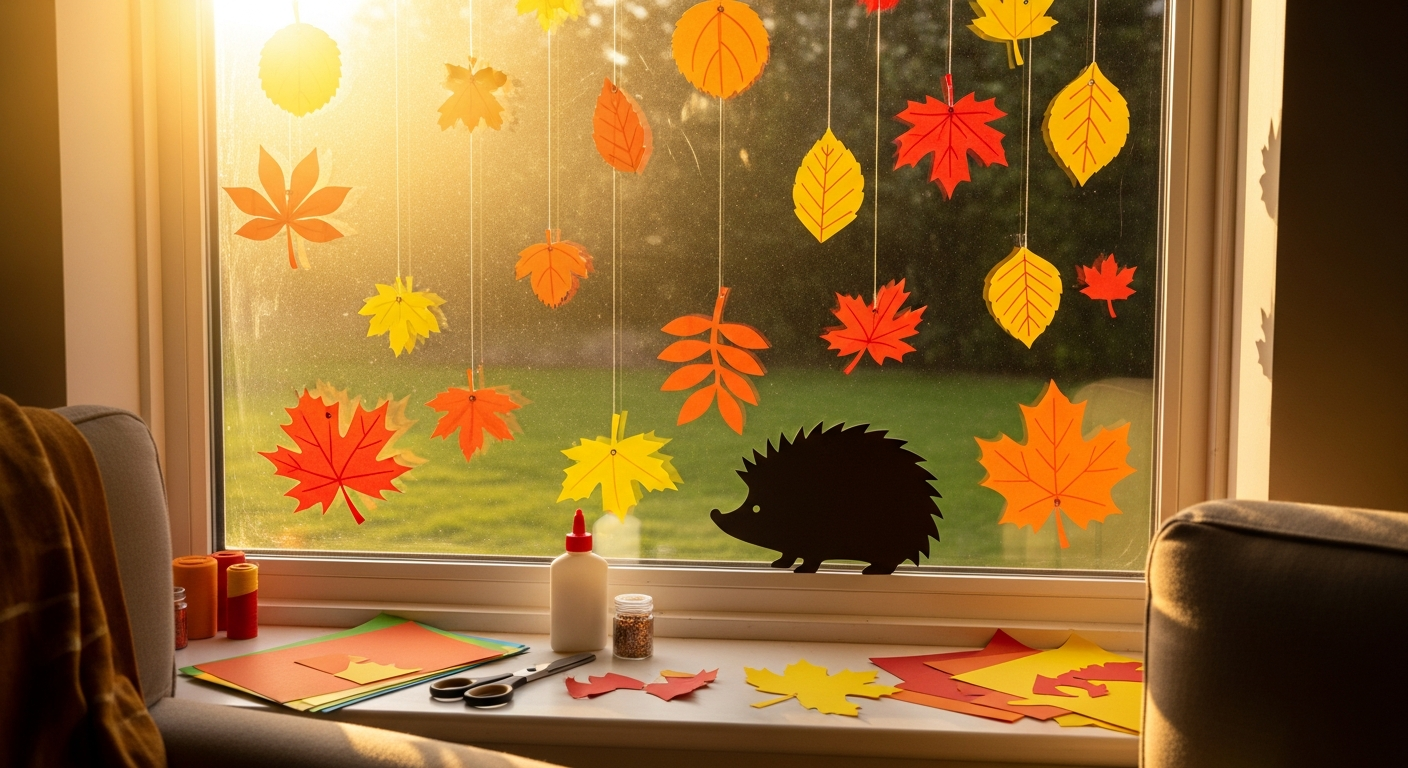 Fensterbilder Herbst Vorlagen - Bunte Herbstblaetter und Igel am Fenster