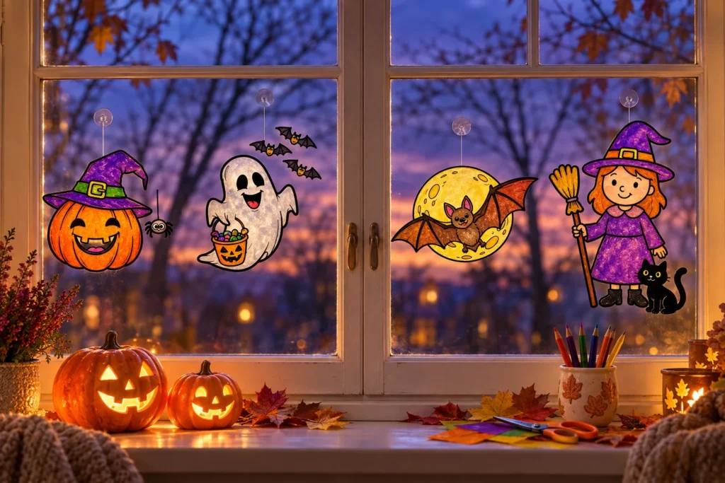 Halloween-Fensterbilder am Abendfenster: Kürbis mit Hexenhut, lachender Geist mit Bonbons, Fledermaus vor dem Mond und Hexe mit Katze, davor zwei Kürbislaternen