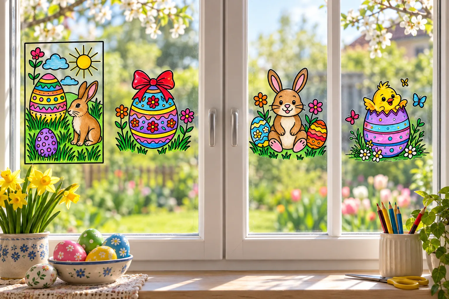 Fensterbilder Ostern am Frühlingsfenster: Osterhase mit Osterei, Ei mit Schleife, Hase zwischen Ostereiern und Küken im Ei, bunt ausgemalt