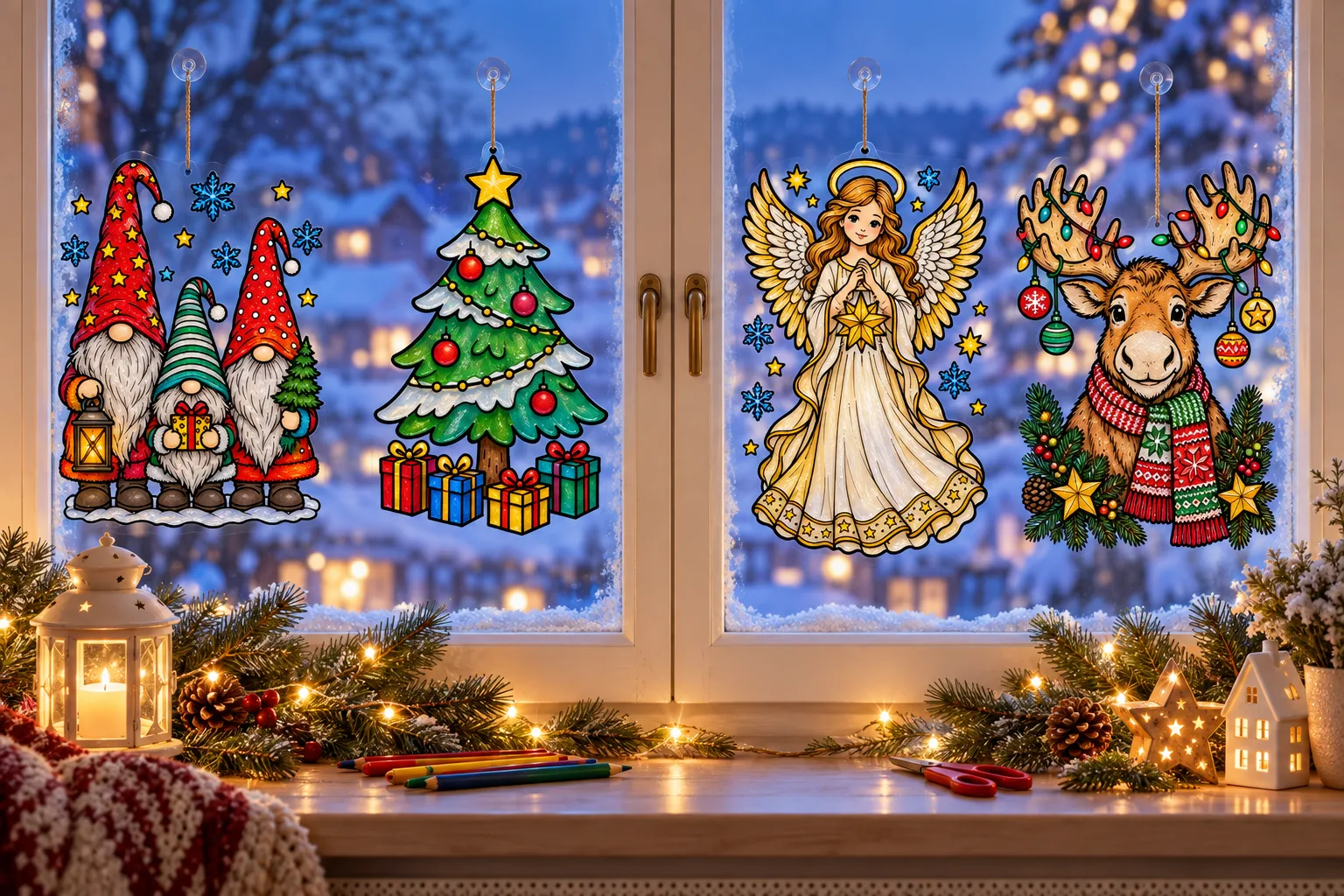 Fensterbilder Weihnachten am verschneiten Fenster: drei Wichtel, Tannenbaum mit Geschenken, Weihnachtsengel und Elch mit Lichterkette, bunt ausgemalt