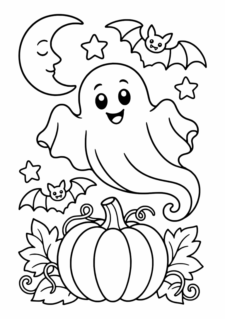 Window-Color-Vorlage Halloween: lachender Geist, Kürbis mit Ranken und Blättern, zwei Fledermäuse, Mondsichel mit Gesicht und Sterne, mit geschlossenen Konturen