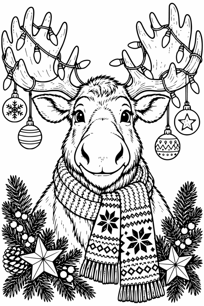 Fensterbild-Vorlage Elch: Elchkopf von vorn mit Lichterkette und Christbaumkugeln im Geweih, Strickschal mit Norwegermuster, Tannenzweige und Sterne als Ausmalbild