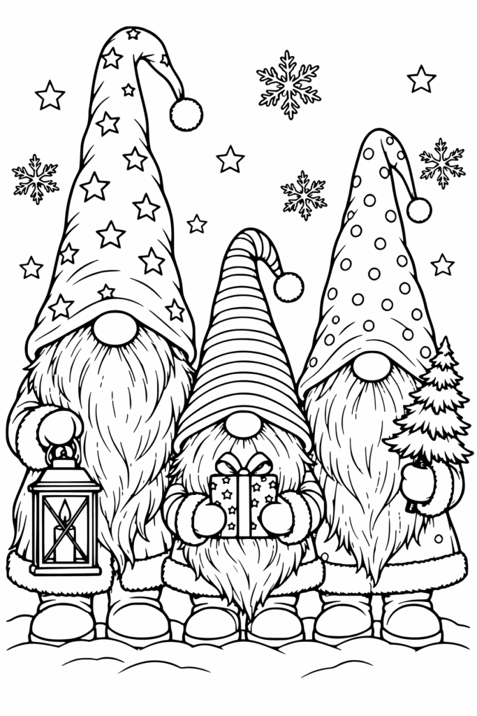 Fensterbild-Vorlage Wichtel: drei Weihnachtswichtel mit Zipfelmützen, Laterne, Geschenk und Tannenbäumchen als Ausmalbild