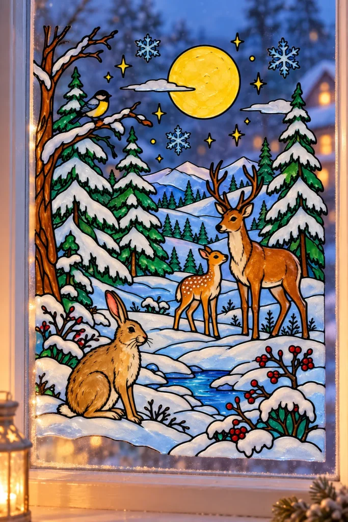 Winterlandschaft als Fensterbild am Winterfenster: grüne Tannen mit Schnee, braune Rehe und Hase, gelber Vollmond über blauen Bergen