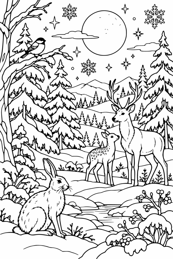 Fensterbild-Vorlage Winterlandschaft: verschneite Tannen, Rehbock mit Kitz auf einer Lichtung, Hase, Meise auf dem Ast, Vollmond und Sterne als Ausmalbild