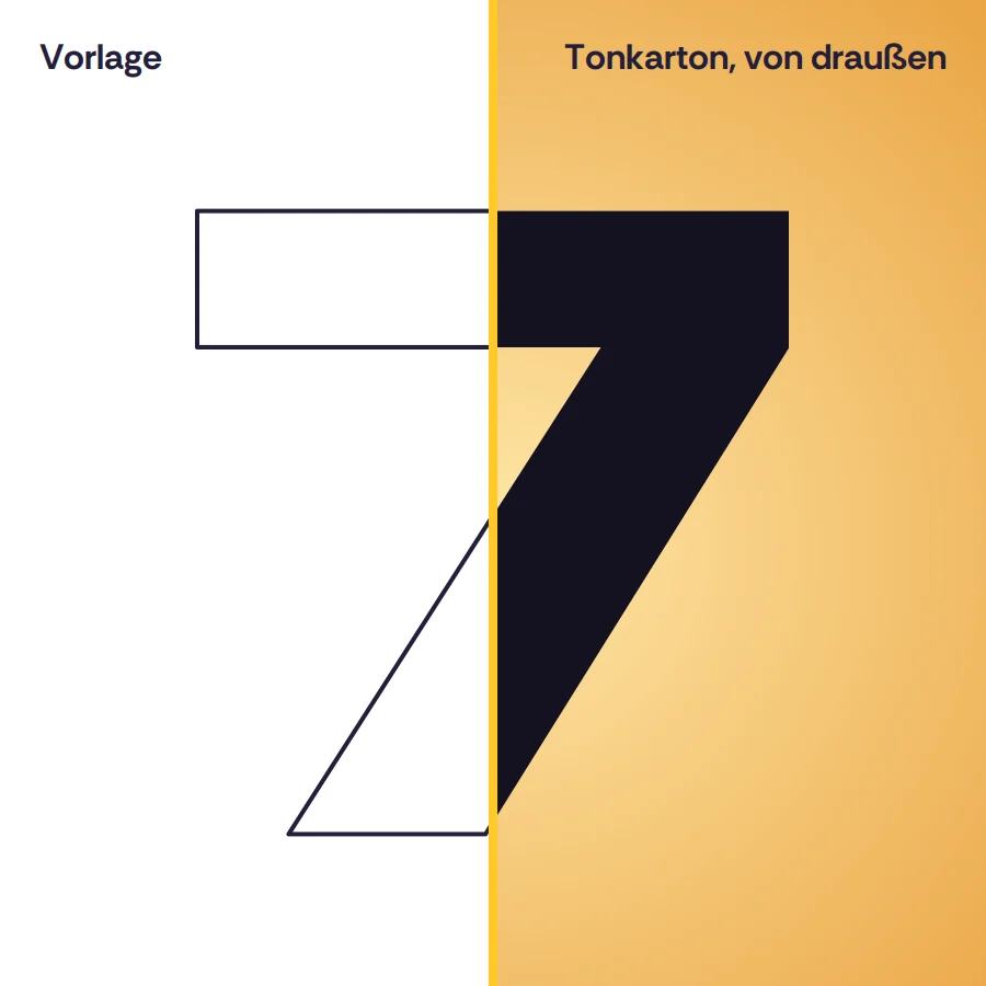 Zahl 7 fürs Adventsfenster: links der Umriss zum Ausschneiden, rechts dieselbe Zahl aus schwarzem Tonkarton vor einem erleuchteten Fenster (Beispiel-Illustration)