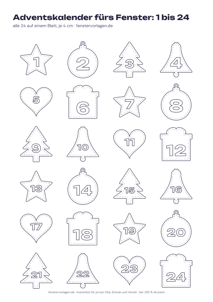 Vorlage Fensterbild-Adventskalender mit 24 Motiven und den Zahlen 1 bis 24: Sterne, Kugeln, Tannen, Glocken, Herzen und Geschenke als Umriss, DIN A4