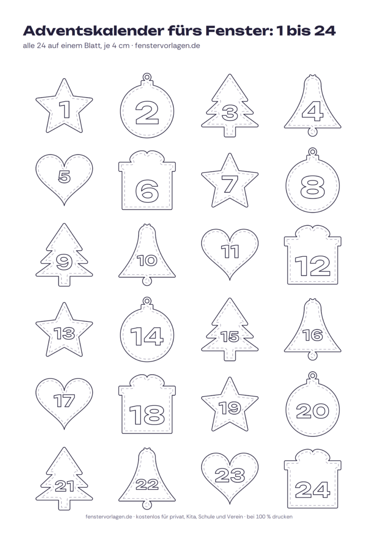 Vorlage Fensterbild-Adventskalender mit 24 Motiven und den Zahlen 1 bis 24: Sterne, Kugeln, Tannen, Glocken, Herzen und Geschenke als Umriss, DIN A4