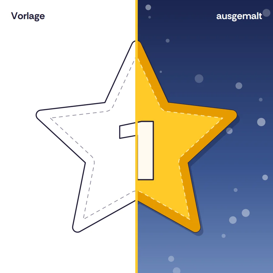 Kalendermotiv Stern mit der Zahl 1: links die Vorlage, rechts ausgemalt am Fenster (Beispiel-Illustration)