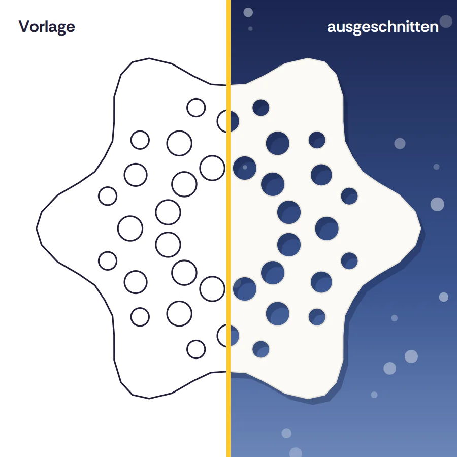 Schneeflocke Blüte: links die Vorlage zum Ausschneiden, rechts dieselbe Flocke aus weißem Papier am Fenster (Beispiel-Illustration)