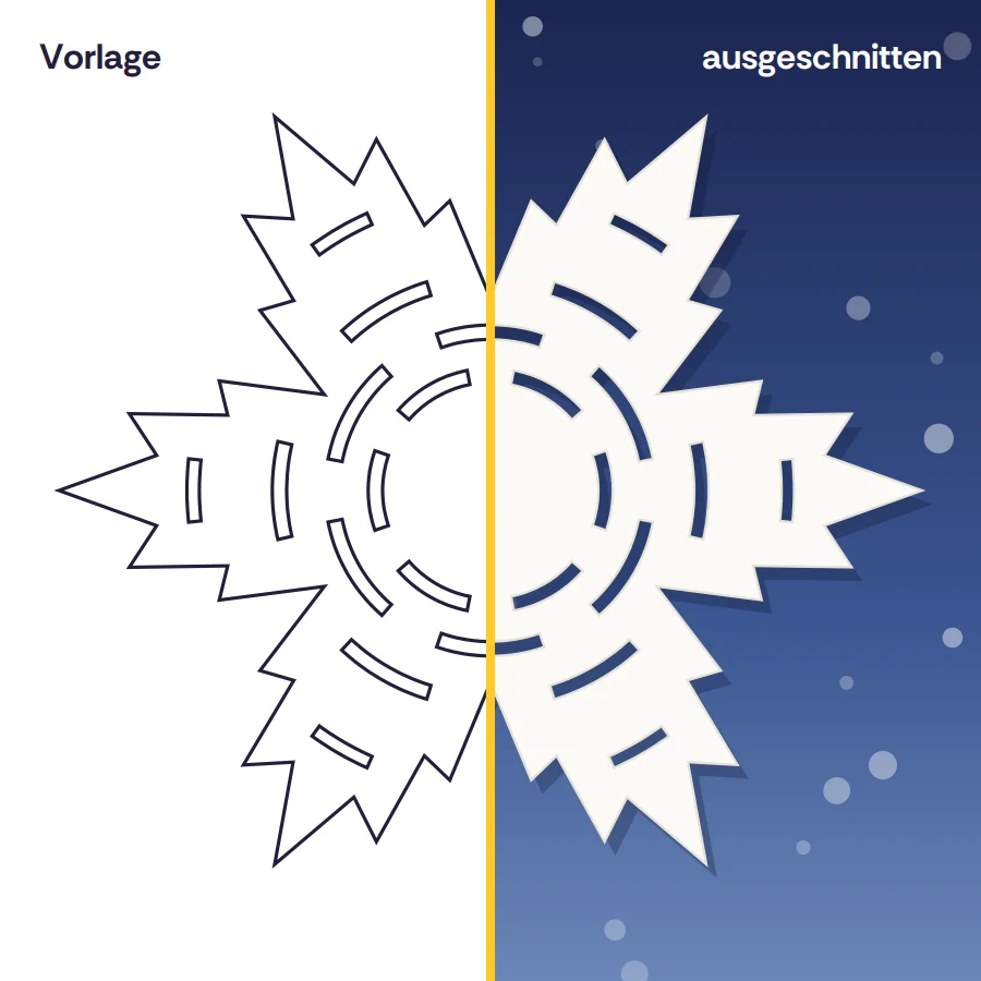 Schneeflocke Spitzenstern: links die Vorlage zum Ausschneiden, rechts dieselbe Flocke aus weißem Papier am Fenster (Beispiel-Illustration)