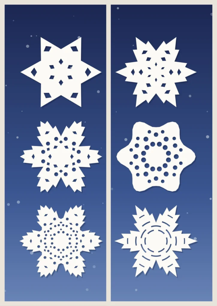 Beispiel-Illustration: sechs weiße Papier-Schneeflocken an einem Fenster bei Nacht