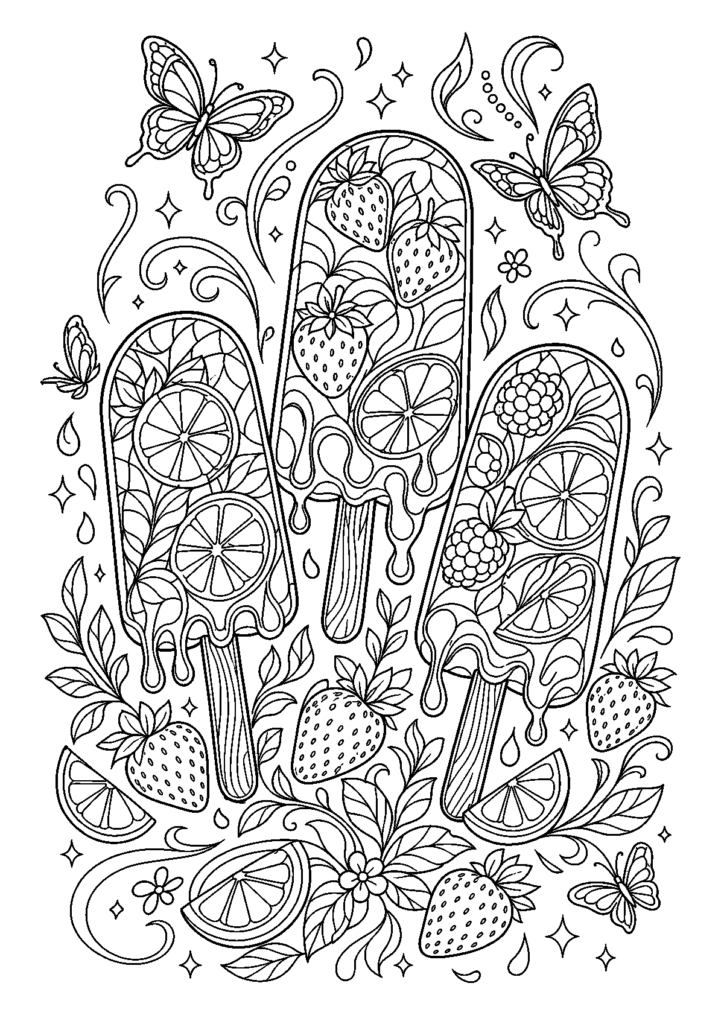 Detailreiche Eis am Stiel Fensterbild Vorlage mit Früchten, Blättern, Schmetterling und Sommerornamenten zum Ausdrucken